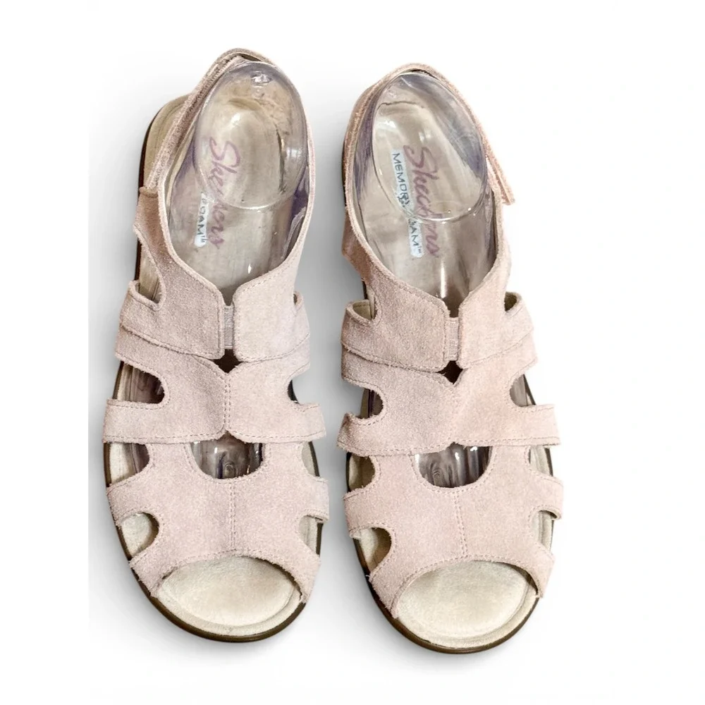 Skechers Women Sz-9W Memory Foam Wedge‎ Sandals Pink Suede Comfort Slingback